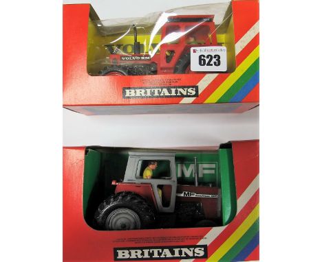 Two Boxed Britains Farm 1:32nd Scale Tractors, #9529 Massey Ferguson 595 double rear wheeled, red and grey body, yellow drive