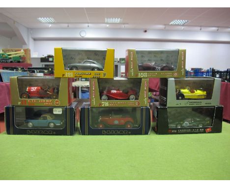 Eight Cased Diecast Sports Cars by Brumm, Eligor including #r121 Brumm Serie ORO Porsche 356 (1952), #r78 Brumm Serie ORO Alf