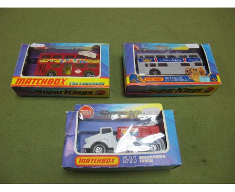 Three Window Boxed Matchbox Super Kings Diecast Vehicles, #K-14 Breakdown Truck, white and red, 'Shell Recovery', circa 1977,