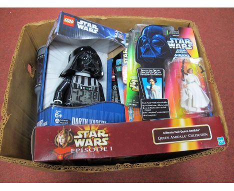 An Accumulation of Modern Star Wars Toys, including P.O.T.F. carded figures, Lego Darth Vader alarm clock, boxed episode one 