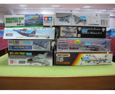 Eight Boxed 1:48th Scale Plastic Model Aircraft Kits, by various manufacturers - Revell, Lindberg, Monogram, Matchbox, Tamiya