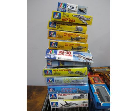 Twelve Boxed Italeri 1:72 Scale Plastic Model Aircraft Kits, including #1233 F-SE Swiss Tiger (sealed), #1211 BAE Hawk Series