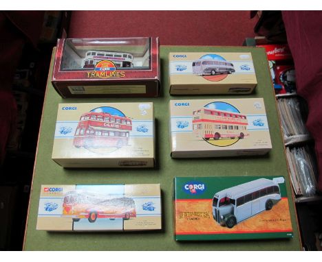 Six Corgi Diecast Buses and Tram, including #97230 Leyland Atlantean Ribble "Guy Hostess", #97180 grey green A.E.C. Regal. Al