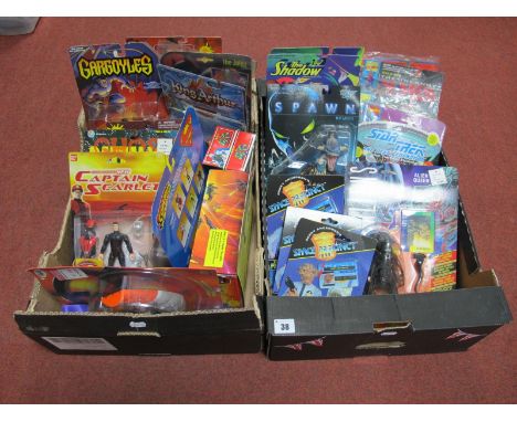 Two Boxes of Carded Action Figures, including The Shadow, Star Trek, Space Precinct, Exo Squad, Batman, Aliens, Spawn and Sup
