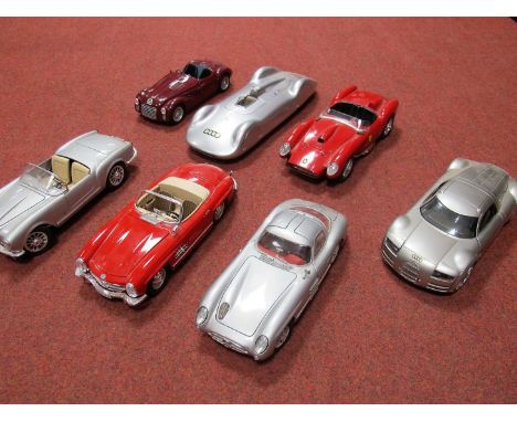 Seven 1:18th Scale Highly Detailed Diecast Model Cars, by Revell, Hot Wheels, Maisto and Burago. Including Ferrari 250 Testar