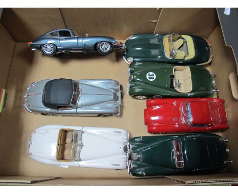 Seven 1:18th Scale Diecast Cars, six of which are Jaguars, the seventh being a Maserati A6 GCS Berlinetta (1954). Ny Ricko, B