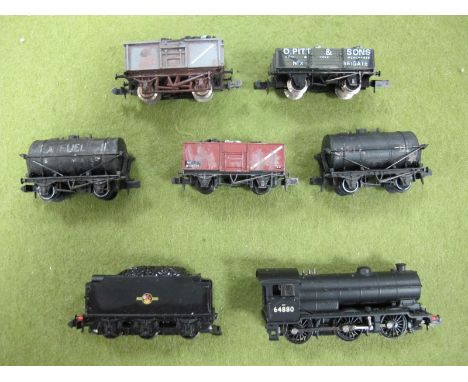 A Bachmann "N" Gauge 0-6-0 Locomotive R/No. 64880, black livery, (missing buffer), six wheel powered tender, BR crested black
