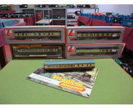 Five '00' Gauge Eight Wheel Coaches by Lima, Mainline, B.R Blood and Custard, mostly boxed, together with a Tri-ang railways 