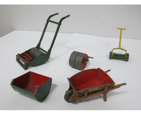 Five Dinky Diecast Garden Tools, circa 1950's, including lawn mower with grass collector, roller, wheelbarrow, all playworn.