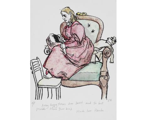 Dame Paula Rego R.A. (British, born 1935)Untitled (Woman in a Red Dress in Chair) (Not in Rosenthal) Lithograph with hand-col