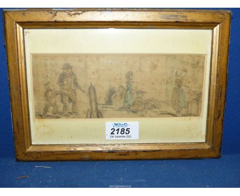 A framed and mounted Pencil sketch depicting a street scene with urchins by John Leech (no visible signature).