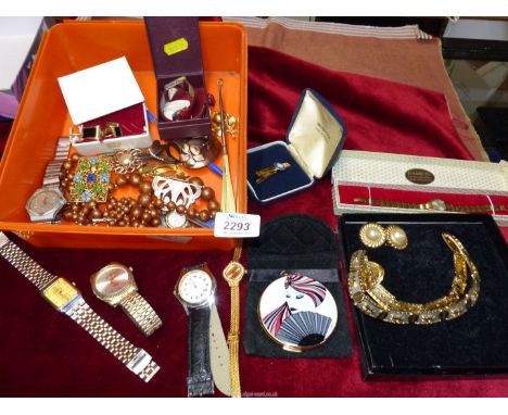 A box of costume jewellery including watches, Stratton compact, cufflinks, etc.