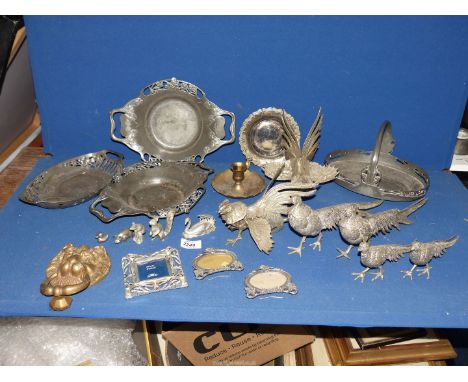 A quantity of pewter and plated items including pairs of pheasants and cockerels, dishes, etc., plus a brass lion head door k