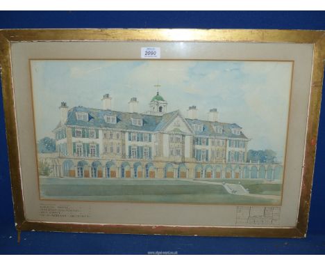 A framed Watercolour preliminary sketch of Raleigh Hotel Budleigh Salterton Seafront - architect W.A. Aickman, 39 Bloomsbury 