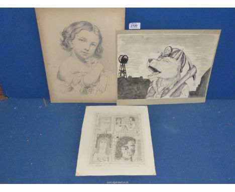 A Charcoal sketch of young girl holding flower, a dog dressed as a miner outside a coalpit and a print "To Sue".
