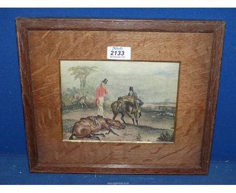 A wooden framed and mounted hunting Lithograph.