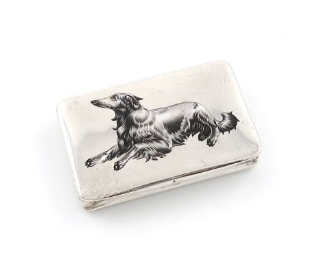 An Austrian silver and enamel snuff box, marked 800, rectangular form, the hinged cover with a enamelled Borzoi dog in a lyin