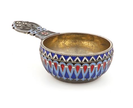 A late 19th century Russian silver-gilt and enamel kovsch, by Khebikov, Moscow 1878, circular form, with two colour blue, red