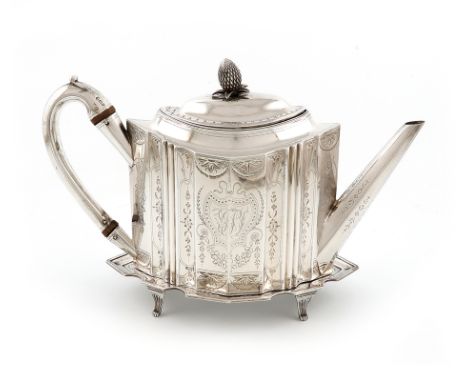 λA George III silver teapot on stand, by Peter and Ann Bateman, London 1791, shaped oval form, engraved decoration, scroll ha