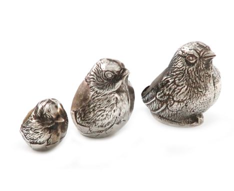 A small collection of three Edwardian novelty chick pin cushions, two by S. Mordan and Co, Chester 1907 and 1908, and one by 