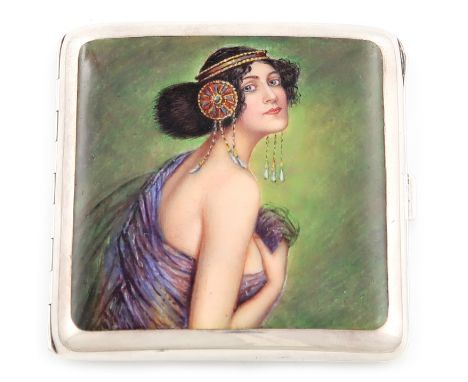 An Austrian silver and enamel cigarette case, circa 1920, square form, the front enamelled with a lady in the Sessionist mann