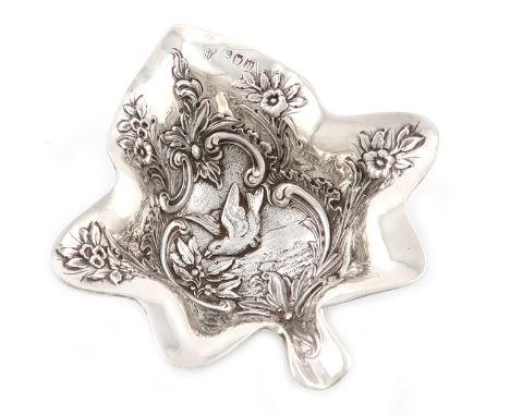 A late-Victorian silver bonbon dish, by Charles Stuart Harris, London 1892, leaf form, in the 18th century English ceramic fo