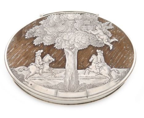 An early 18th century silver 'Boscobel Oak' snuff box, unmarked circa 1710, oval form, the hinged cover set with oak and appl