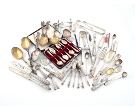 A collection of silver flatware, various dates and makers, comprising: a three-piece Victorian Canova pattern christening set