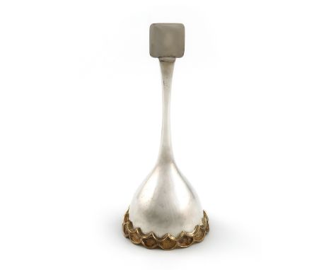 By Grant MacDonald, a modern parcel-gilt silver table bell, London 1978, circular tapering form with a square finial, the bas