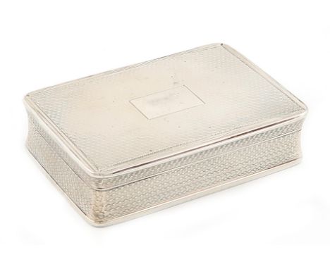 A George IV silver snuff box, possibly by Benjamin Stephens, London 1828, rectangular form, engine-turned decoration, the hin