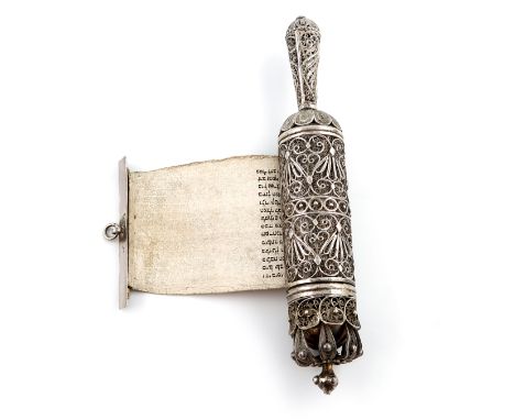 A 19th century silver filigree Torah scroll holder, unmarked, probably German, cylindrical form, with scroll decoration, tape