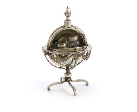 λA George III silver globe inkstand, by John Robins, London 1791, globe form, foliate and shell apron, the two hinged section