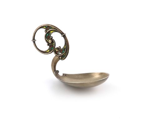 A Norwegian silver-gilt and plique-à-jour enamel caddy spoon, maker's mark J.T, probably for Jacob Tostrup, Oslo, circa 1900,