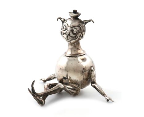 A novelty silver Imp table cigar lighter, by Henry Williamson Ltd, Birmingham 1911, modelled in a seated position, pull-off h