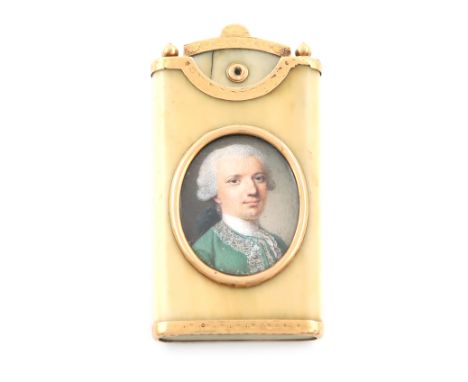 λ An early 19th century gold-mounted ivory portrait aide memoire, unmarked, tapering oblong form, the front set with an oval 