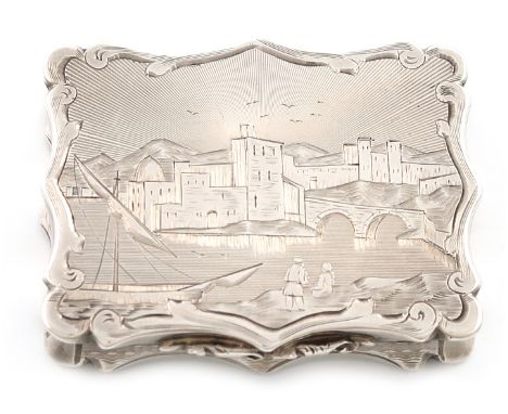 A Victorian silver engraved 'castle-top' vinaigrette, the Port of Beirut, by Nathaniel Mills, Birmingham 1846, shaped rectang