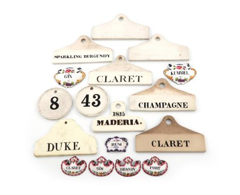 A collection of 19th century ceramic bin labels, some by Charles Farrow, Farrow and Jackson, and Wedgwood, arched rectangular