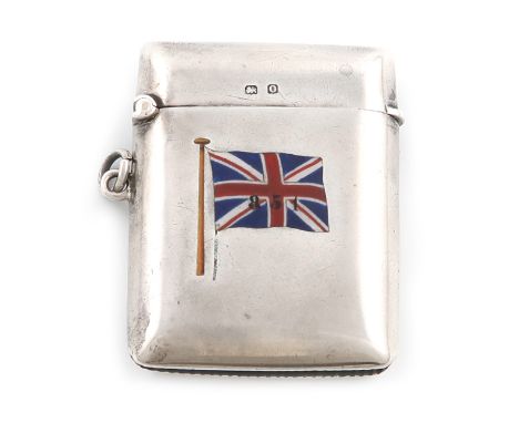 A silver and enamel vesta case, by John Rose, Birmingham 1913, rectangular form, hinged cover, the side enamelled with a unio
