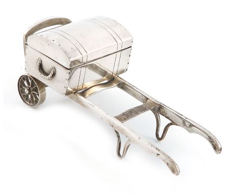 An Edwardian novelty silver table vesta case, by Peter Henderson Deere, London 1906, modelled as a sack truck/porter's trolle