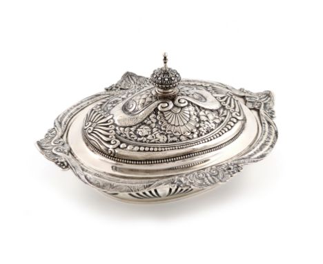 A 19th century American silver tureen and cover, by Gorham, possibly 1893, in the Moorish manner, oval form, the pull-off cov