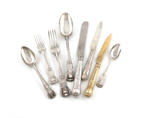 A collection of George III silver King's Hourglass pattern flatware, by Paul Storr, London 1809-1820, crested and some initia