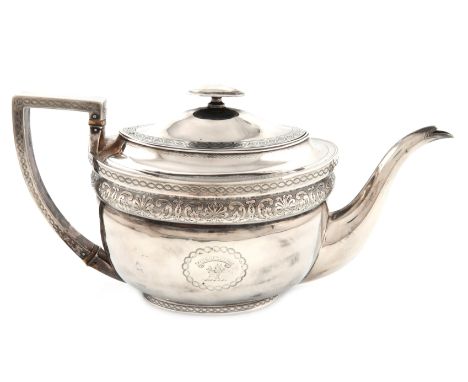 λA George III silver teapot, by John Emes, London 1805, oval form, scroll handle with ivory insulators, engraved decoration, 