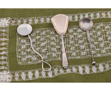A German silver art deco shovel, German assay marks c1930, 11.5cm, M Olsen 830 marked round bowl twisted handle and ball term