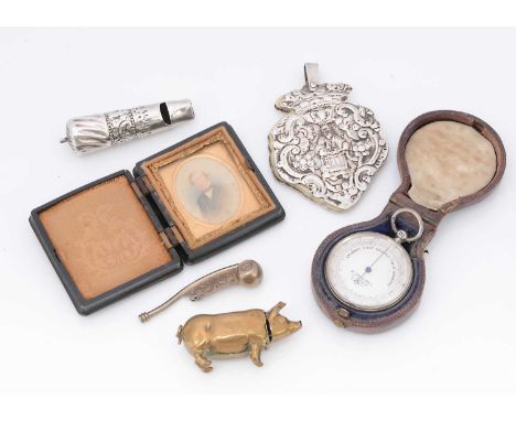 Six Victorian and later collectable small items, including a silver gilt boson's whistle, 5cm, a silver whistle, a watercolou