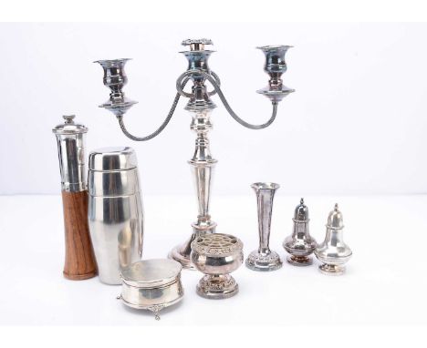A small silver filled circular trinket box and a small group of silver plated items