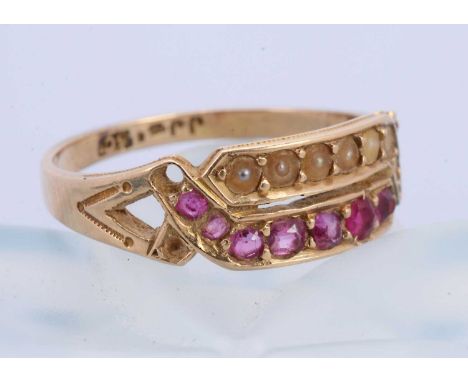 A 15ct gold Edwardian ruby and seed pearl double band dress ring, ring size M, 2.4g