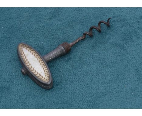 A 19th Century mother of pearl and steel corkscrew, the small oval shaped handle supporting a spiral stem with threaded screw