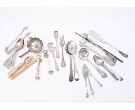 A quantity of Georgian and later silver spoons and other items, including a damaged toddy ladle, two shell bowl spoons, a pai