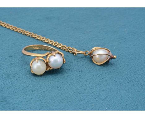 A continental cultured pearl ring and pendant suite, the double crossover ring in yellow metal with Chinese character marks t