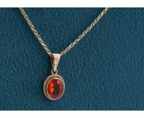 A fire opal drop pendant, on a 9ct gold chain, 22cm together, 4gLength of the chain 39.5cm including the clasp.New close up p